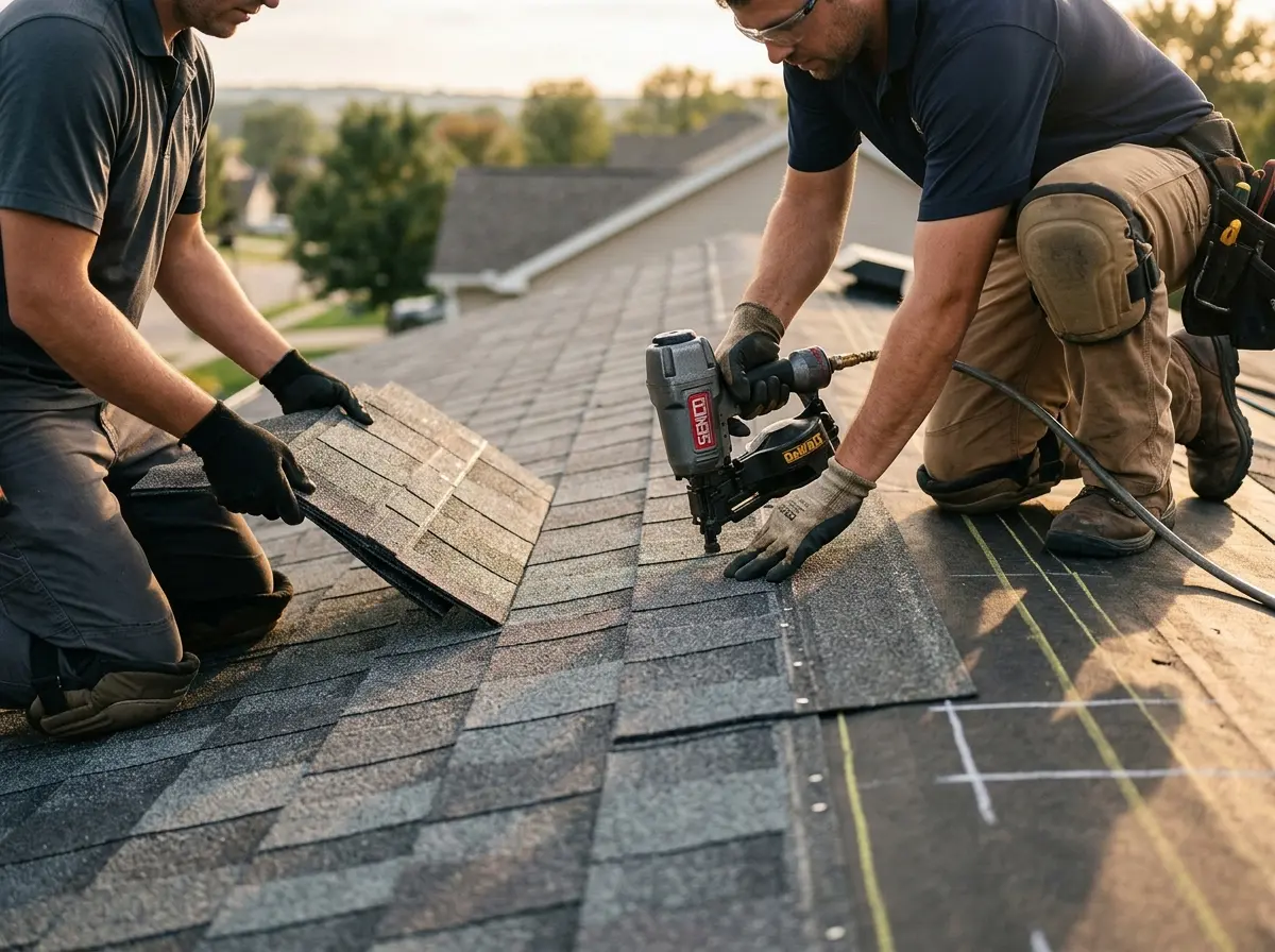 Professional roofer working on a residential roof in Castle Rock